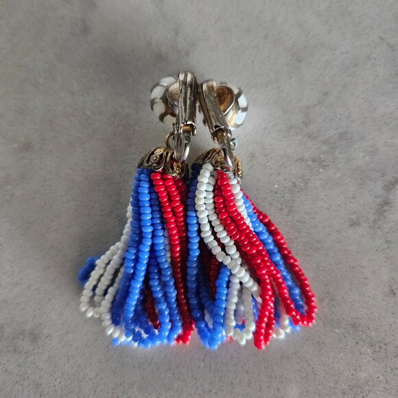 RED, WHITE, AND BLUE BEADED DANGLE CLIP-ON EARRINGS - Picture 13 of 14